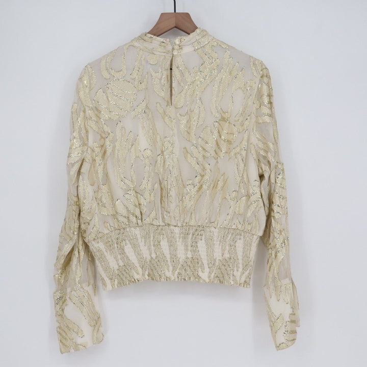 Parker The Piper Top Womens XL Gold Ivory Keyhole Cutout Mock Neck Smocked Hem