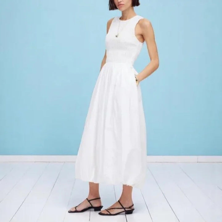 Madewell The Melody Bubble-Hem Smocked Midi Dress In Poplin Size S