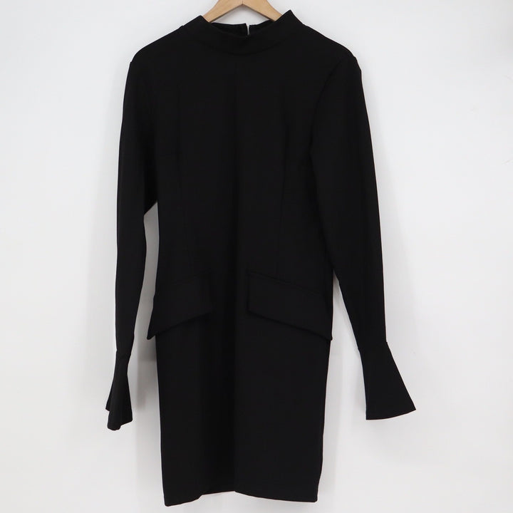 Black Mock Neck Mini Dress Long Bell Sleeve Flap Pockets XL