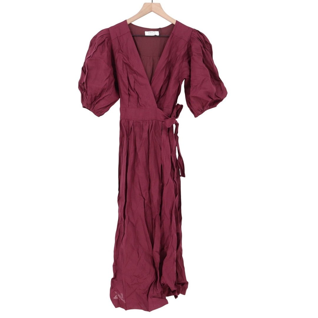 Amalie The Label Franc Midi Dress Dark Plum Linen Puff Sleeve Wrap US 6