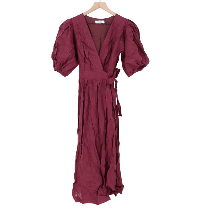 Amalie The Label Franc Midi Dress Dark Plum Linen Puff Sleeve Wrap US 6