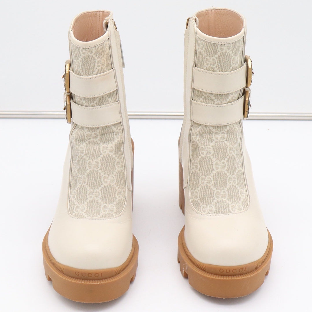 Gucci GG Supreme Leather Lug Sole Platform Buckle Ankle Boots White 38.5