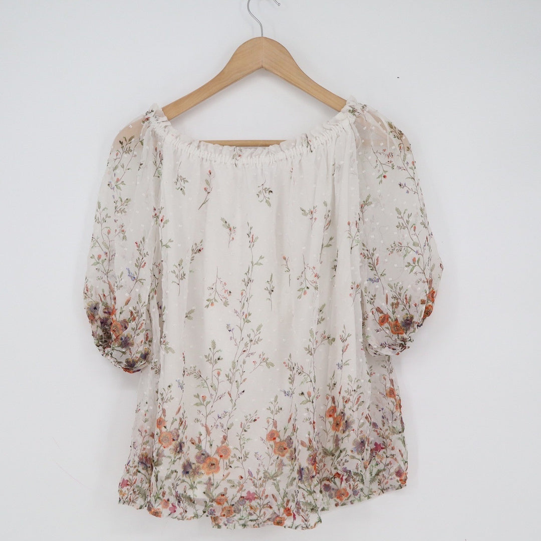 Orchid Haze Floral Swiss Dot Peasant Blouse White Puff Sleeve Womens L