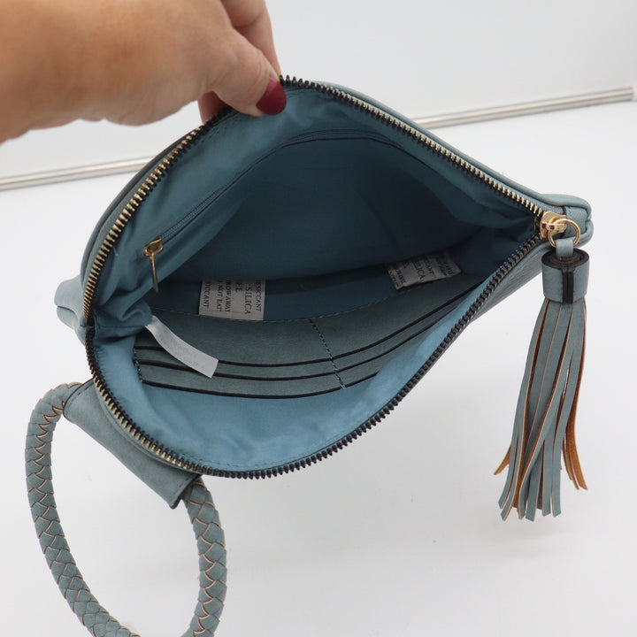 Dusty Blue Faux Leather Wristlet Clutch Braided O-Ring Handle Tassel
