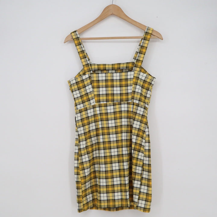 H&M Divided Yellow Plaid Mini Pinafore Dress Womens Size 6 Square Neck 90s Style