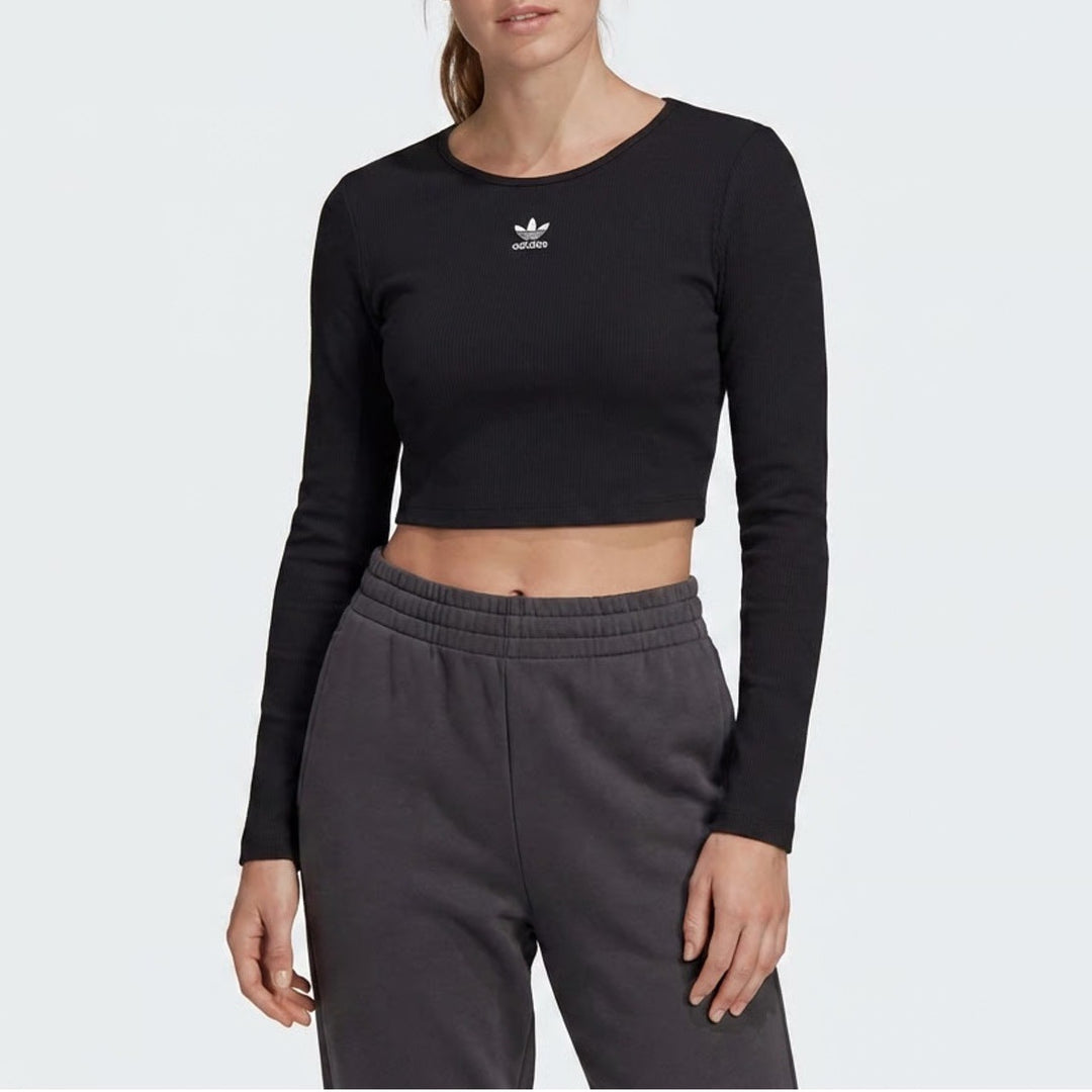 Adidas Originals Womens ESS Crop LS Black Ribbed Long Sleeve Top Size M