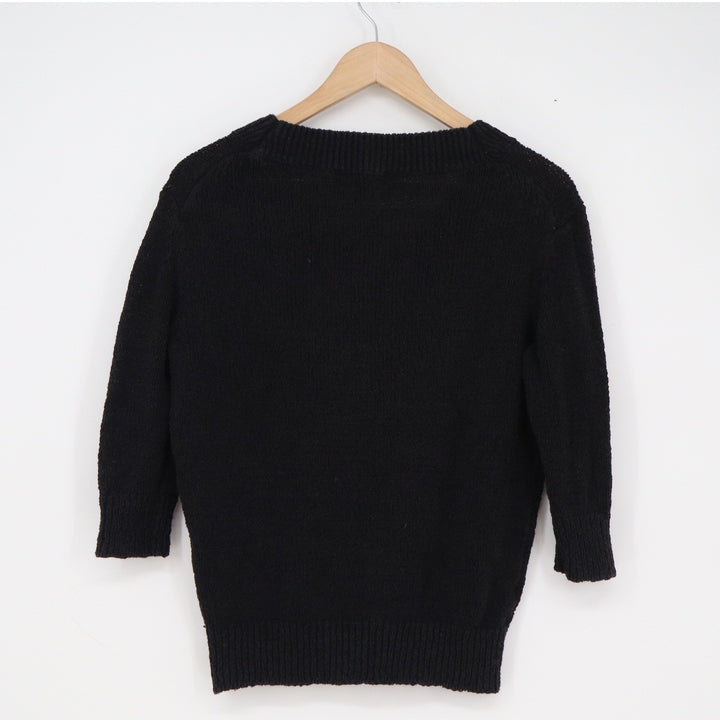 Ann Taylor Black V-Neck Knit Sweater 3/4 Sleeve Ribbed Trim Womens Size S