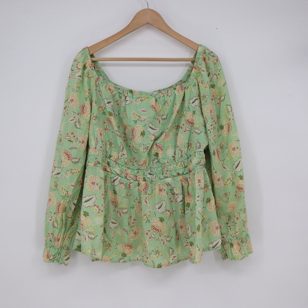 Torrid Mint Green Floral Clip Dot Smocked Peplum Blouse Square Neck Size 1 Plus