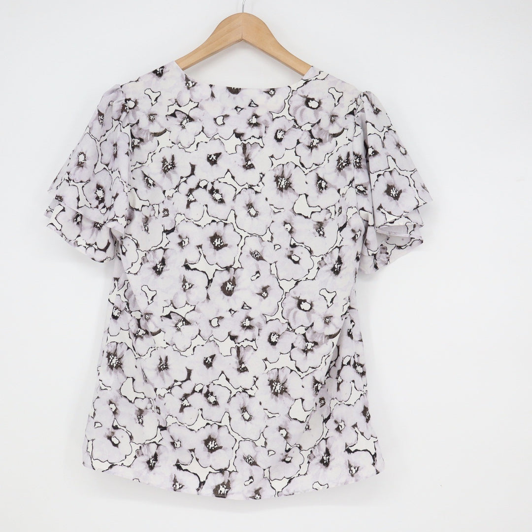 Banana Republic Womens Floral V-Neck Blouse Tiered Flutter Sleeve White Grey S