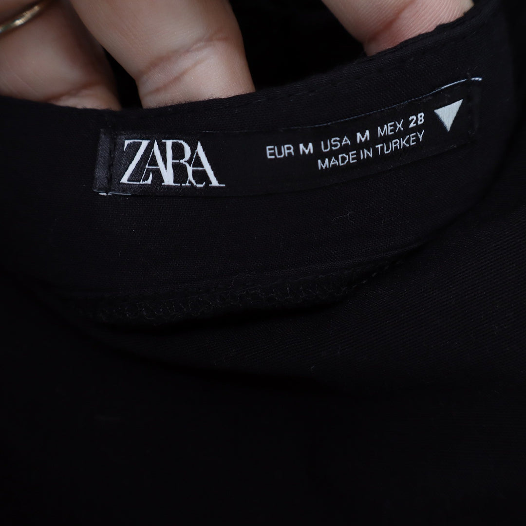 Zara Black Puff Sleeve Lace Up Back Mini Dress Square Neck Linen Blend Size M
