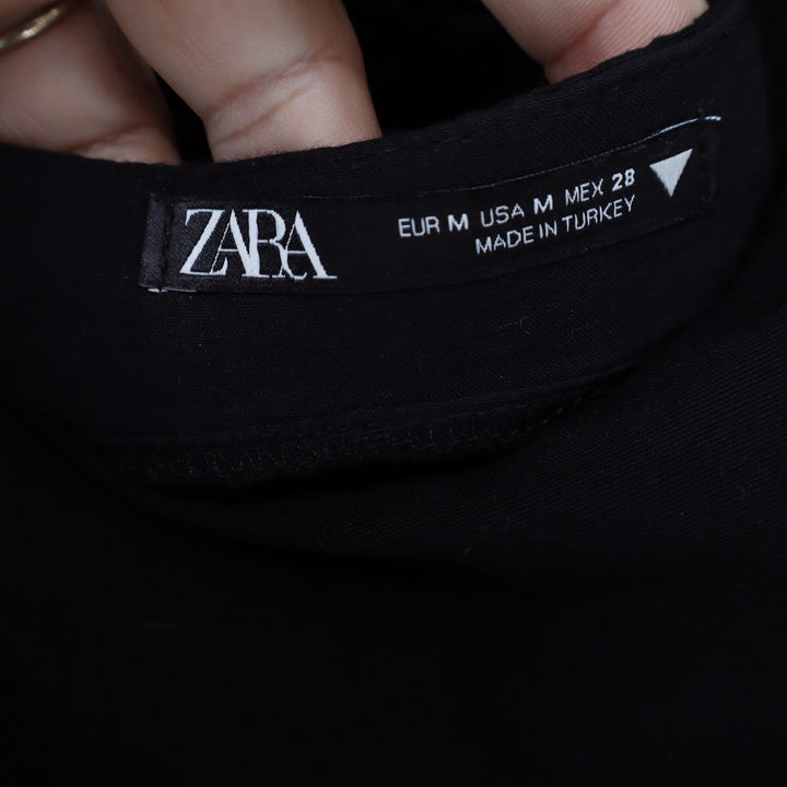 Zara Black Puff Sleeve Lace Up Back Mini Dress Square Neck Linen Blend Size M