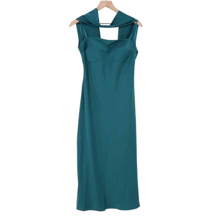 Seni & Cade Satin Scarf Midi Dress Women XL Teal Square Neck Side Zip Sleeveless
