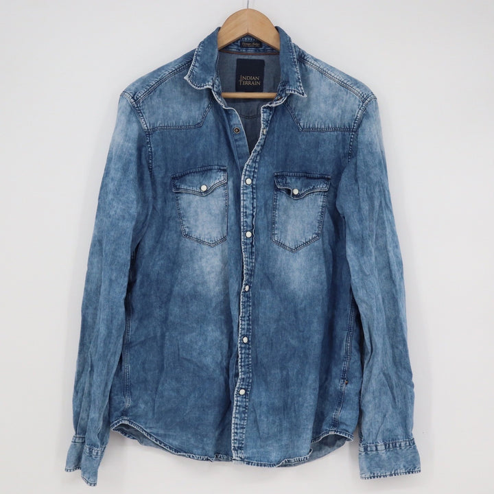 Indian Terrain Mens Slim Fit Western Denim Shirt Blue Acid Wash Cotton Size M