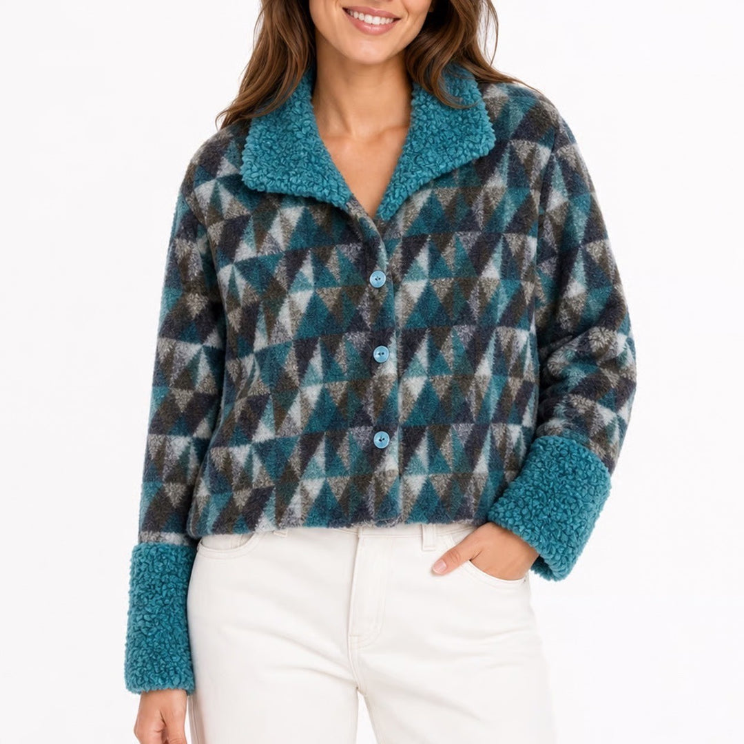TLB Design Womens Mohair Wool Blend Geometric Jacket Teal Sherpa Trim Large L