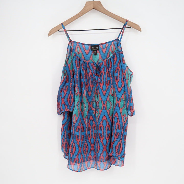 Nicole Miller M Cold Shoulder Tie Neck Blouse Top Geometric Print Blue Pink M