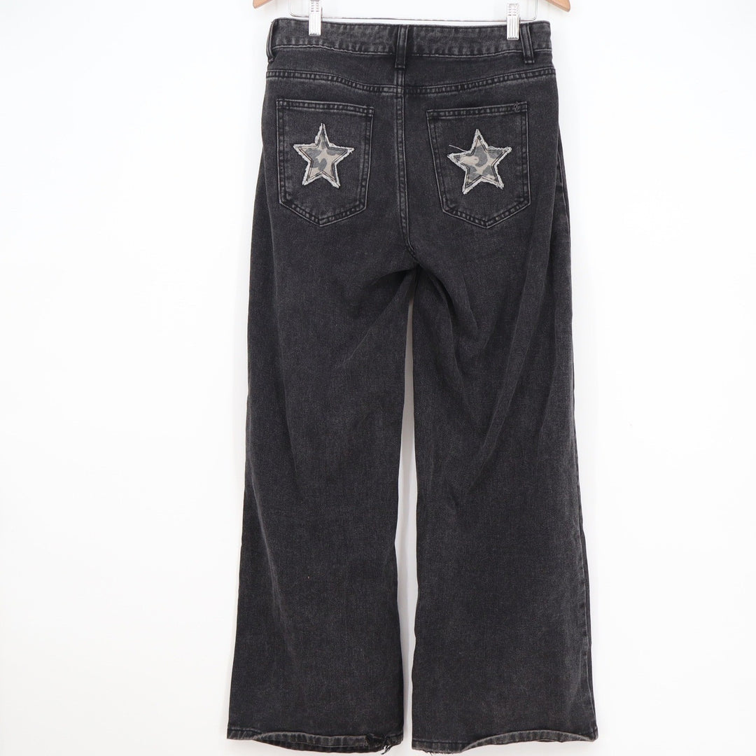 JFORJUSTIFY Womens Washed Black Wide Leg Camo Star Patch Jeans Size M High Rise