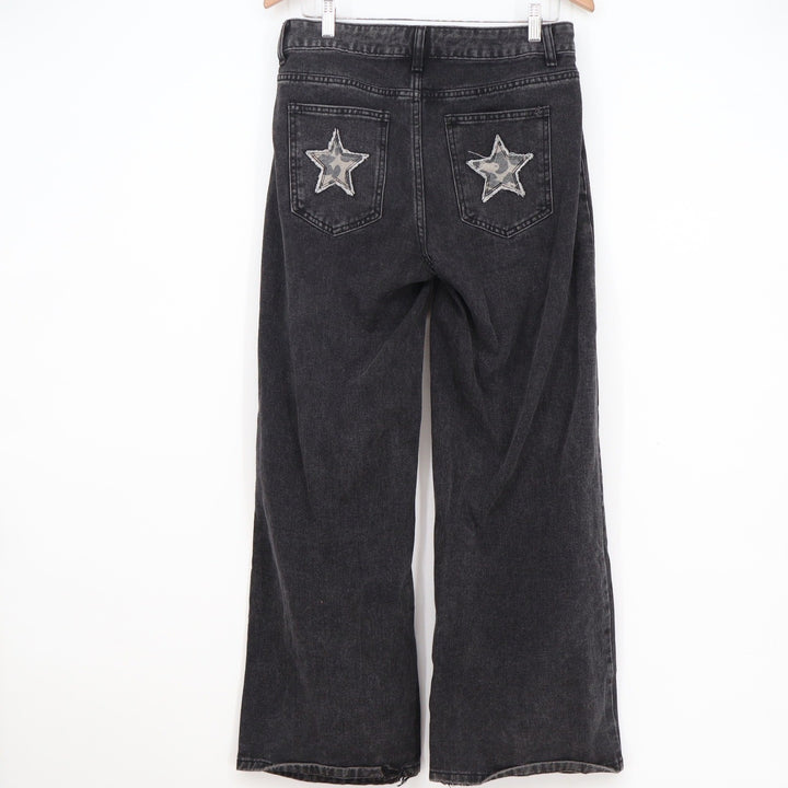 JFORJUSTIFY Womens Washed Black Wide Leg Camo Star Patch Jeans Size M High Rise