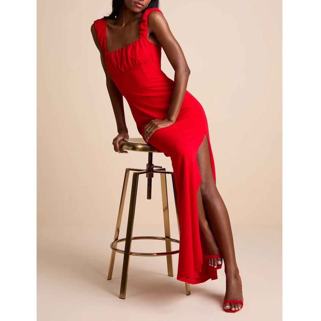 Lulus Tayla Maxi Dress Women's Medium Red Sleeveless Ruched Column Back Zip