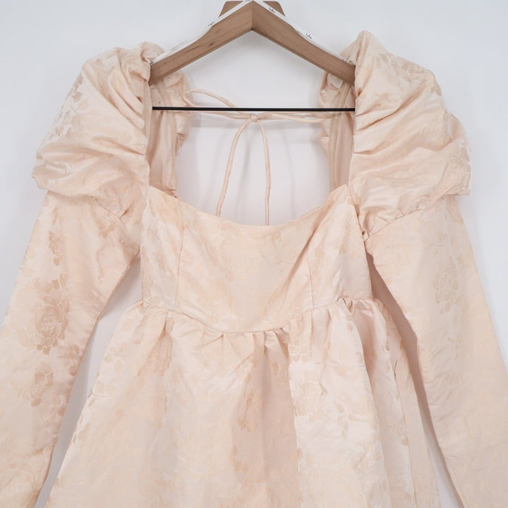 Lulus Lavish Sweetie Babydoll Mini Dress Womens S Blush Jacquard Puff Shoulder