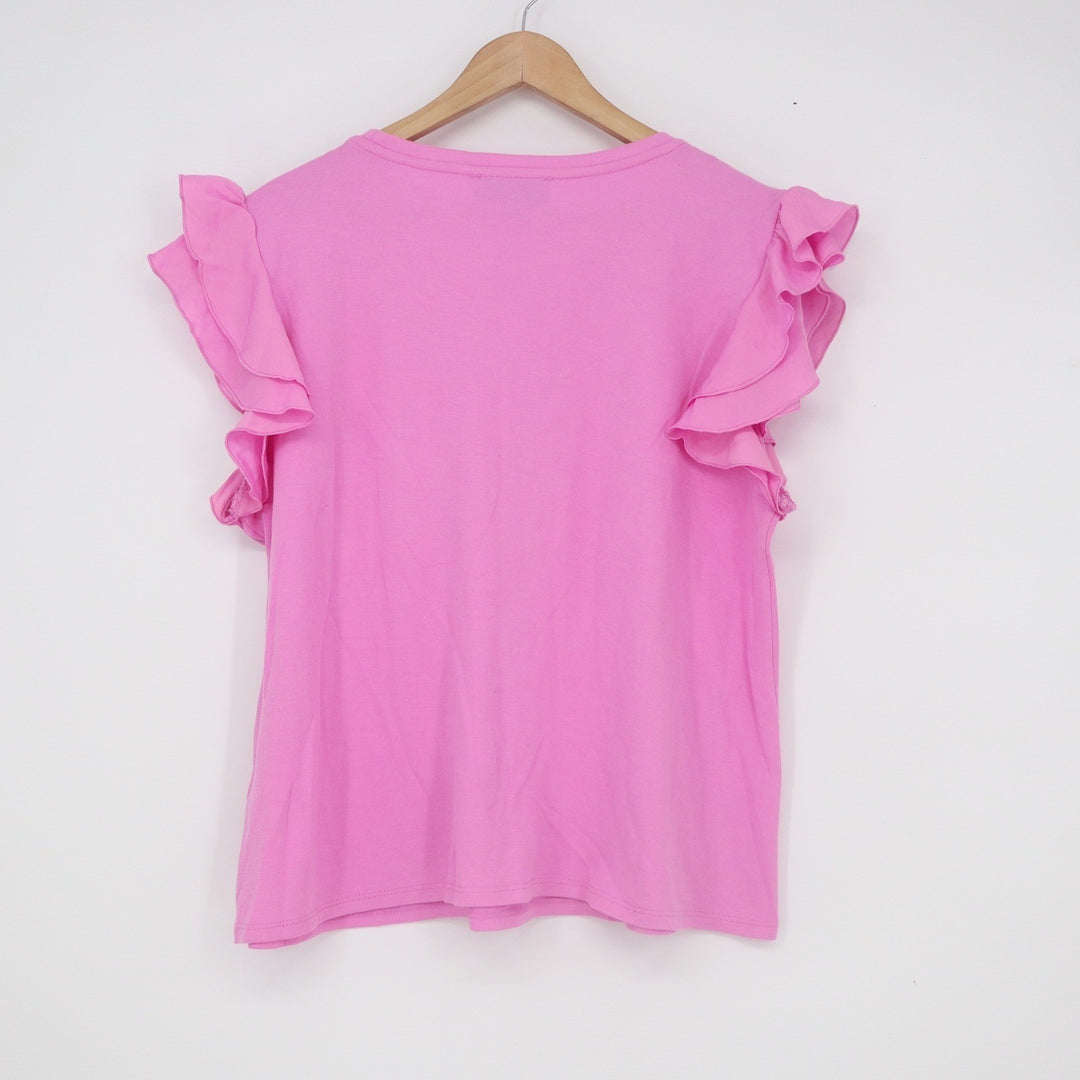 CeCe Pink Ruffle Sleeve Crew Neck Knit Top Size L