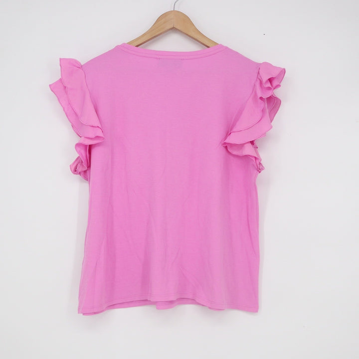 CeCe Pink Ruffle Sleeve Crew Neck Knit Top Size L