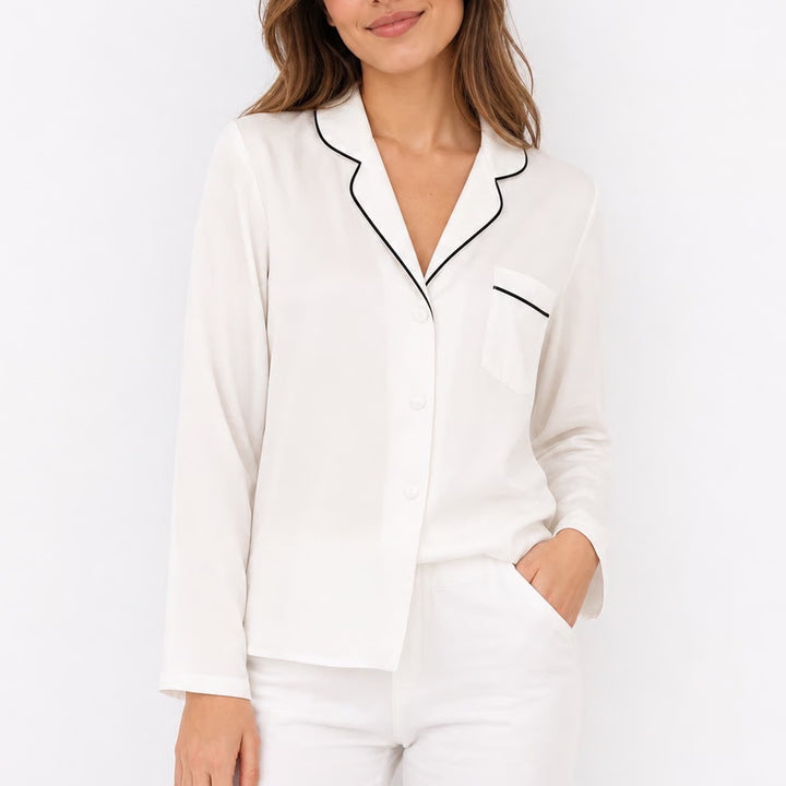 Missguided Womens White Pajama Style Button Down Shirt Contrast Piping Size 8