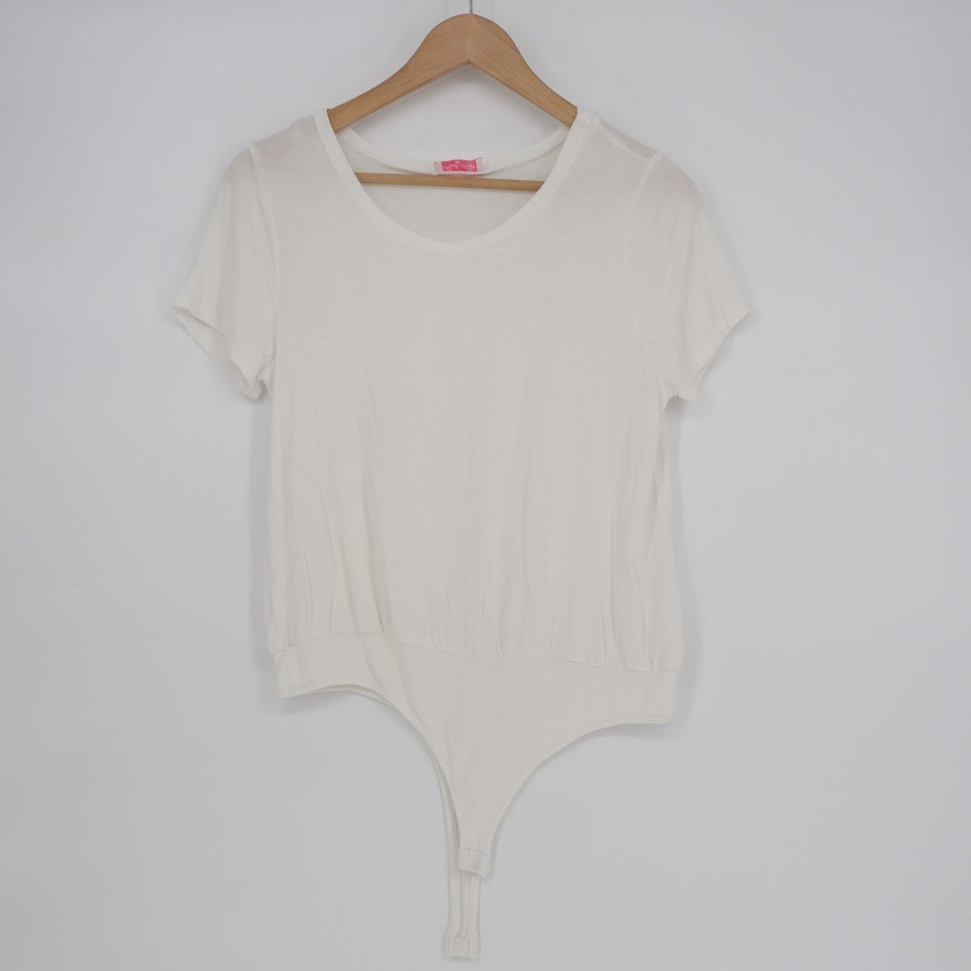 Pink Lily Bodysuit Womens Medium White Knit Crew Neck Short Sleeve One Piece