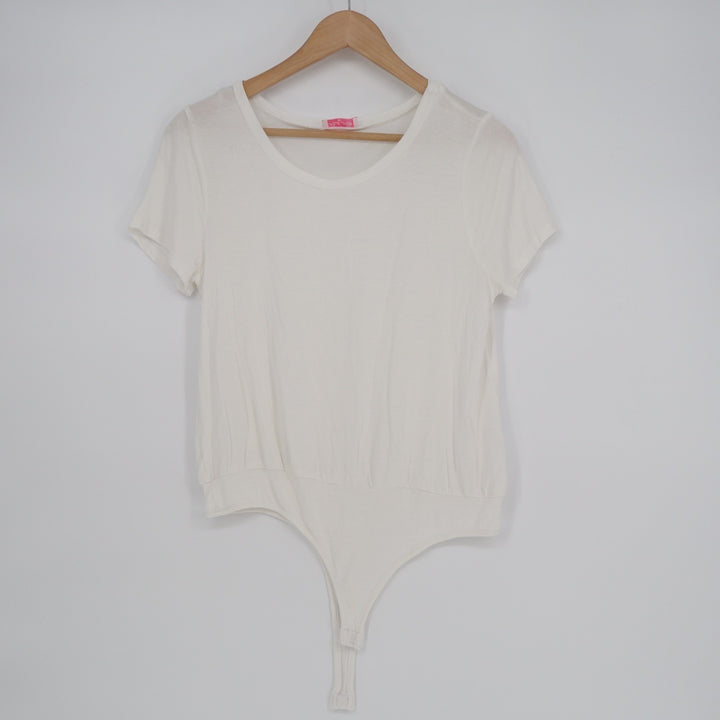 Pink Lily Bodysuit Womens Medium White Knit Crew Neck Short Sleeve One Piece