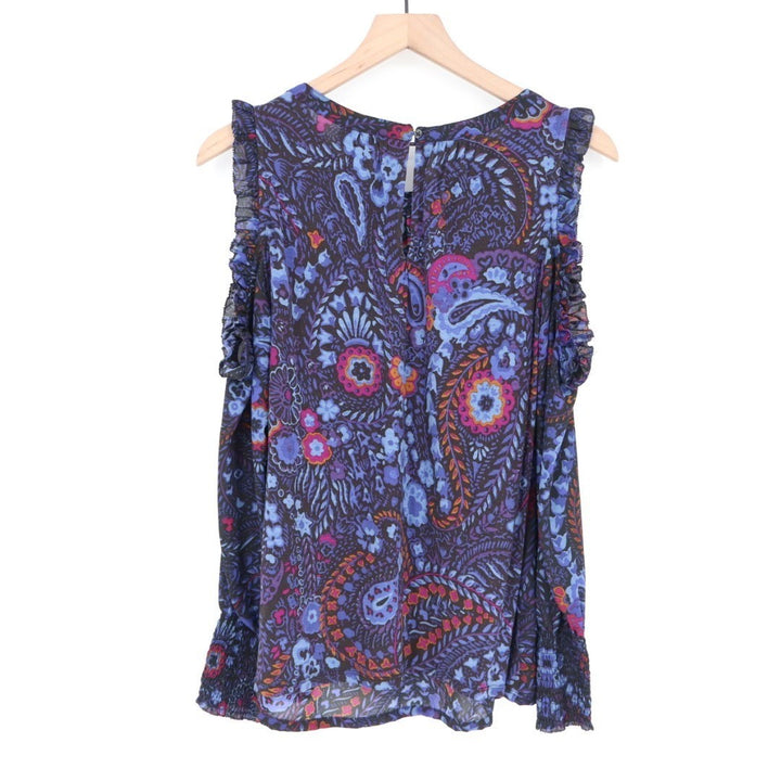 LOFT Blouse Womens Medium Multi Floral Ruffle Smocked Cold Shoulder Long Sleeve