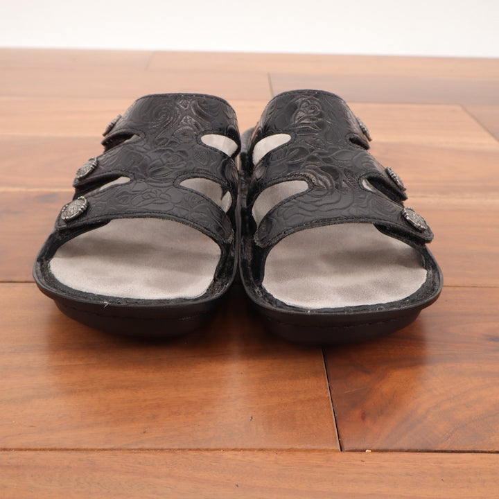 Alegria Venice Black Embossed Rose Leather Slide Sandals VEN-871 Size 38