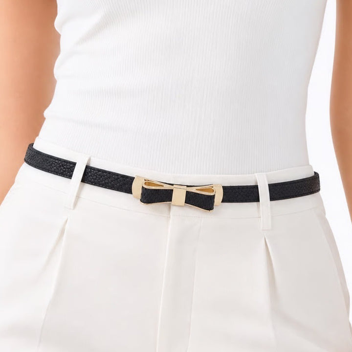 Black Skinny Elastic Waist Belt Gold Bow Buckle Snakeskin Texture Snap Closure
