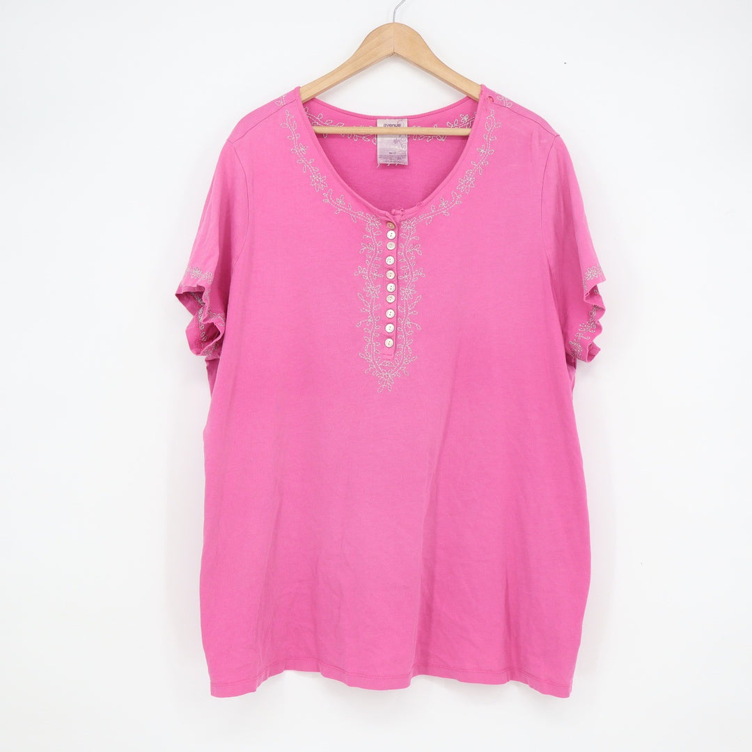 Avenue Pink Embellished Henley Tee Cotton Short Sleeve Plus Size 30/32