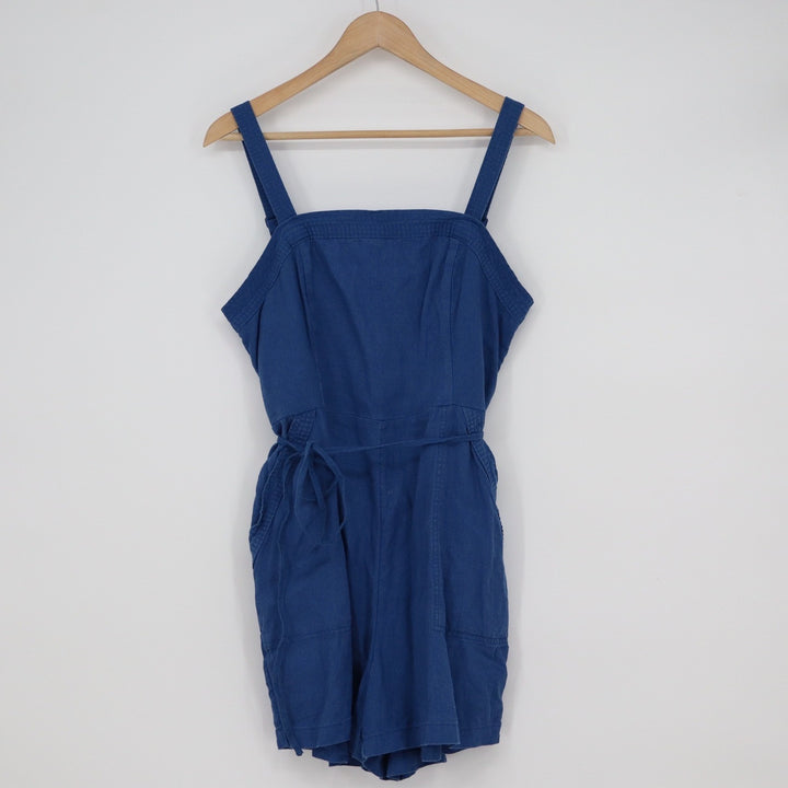 Old Navy Blue Linen Blend Romper Adjustable Straps Smocked Back Large