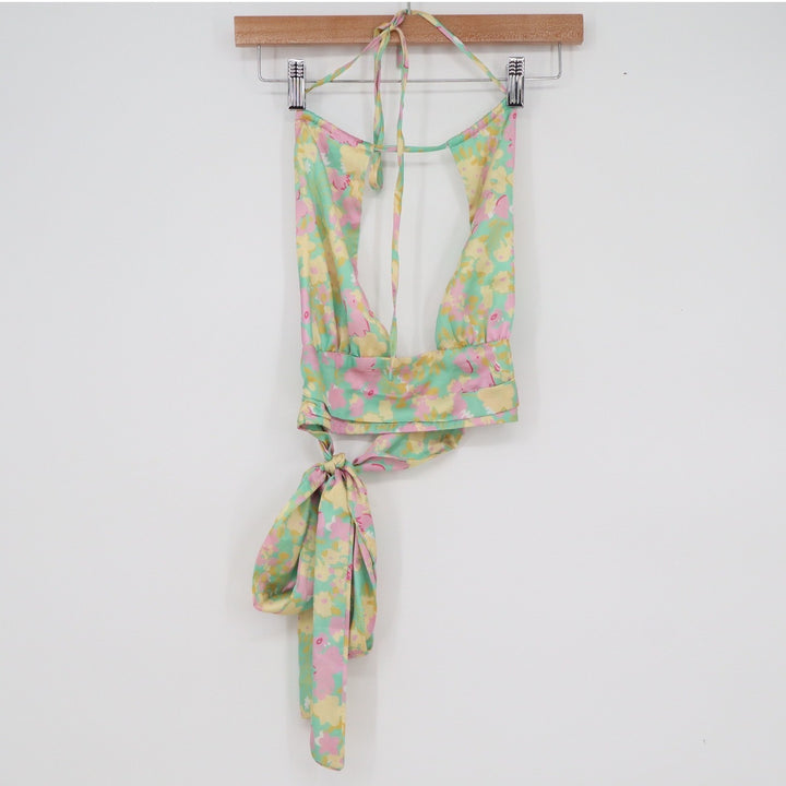 Floral Halter Wrap Top Pastel Mint Pink Yellow Satin Finish M