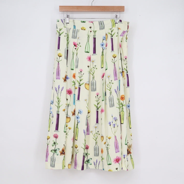 Pankaj & Nidhi Floral Bottle Print Midi Skirt Cream Pink Green Womens Large