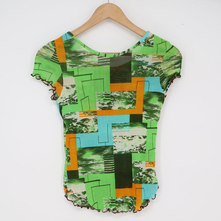 Unbranded Mesh Top Womens XS Geometric Abstract Green Lettuce Edge Y2K Excellent