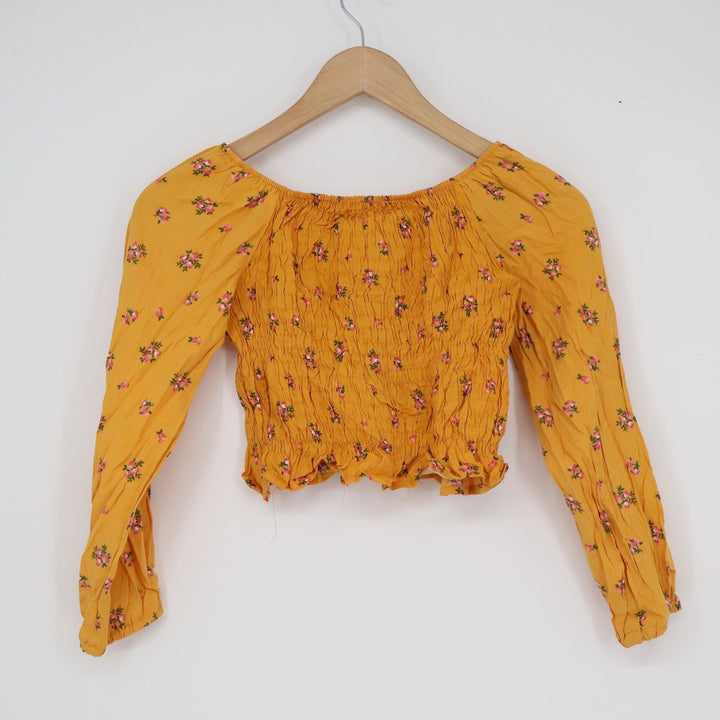 Btween Girls Mustard Yellow Floral Smocked Long Sleeve Crop Top Size 12