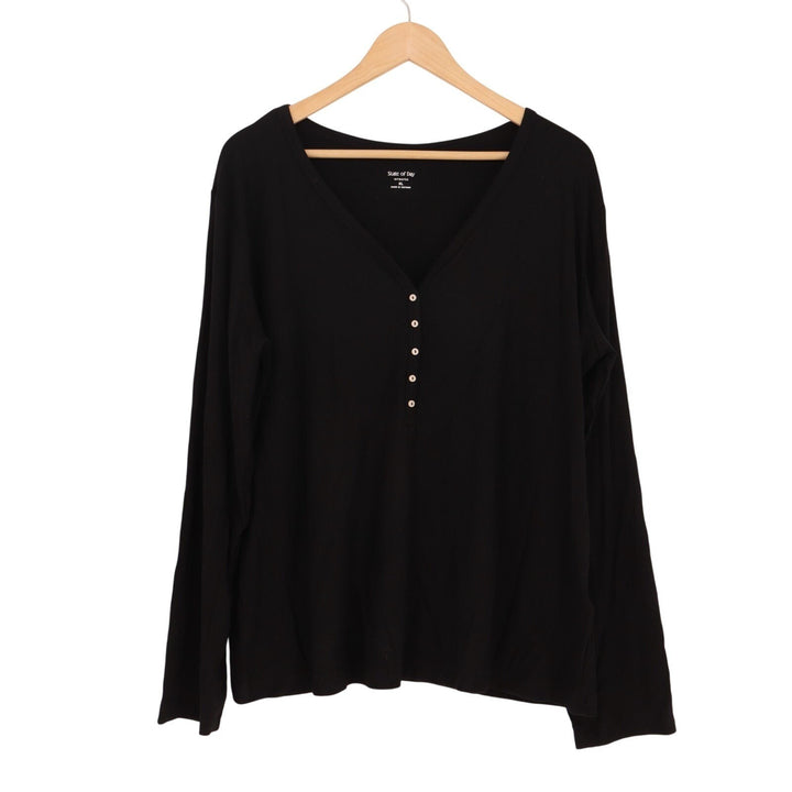State Of Day Intimates Pajama Shirt Womens XL Black Stretch Rib Knit Long Sleeve