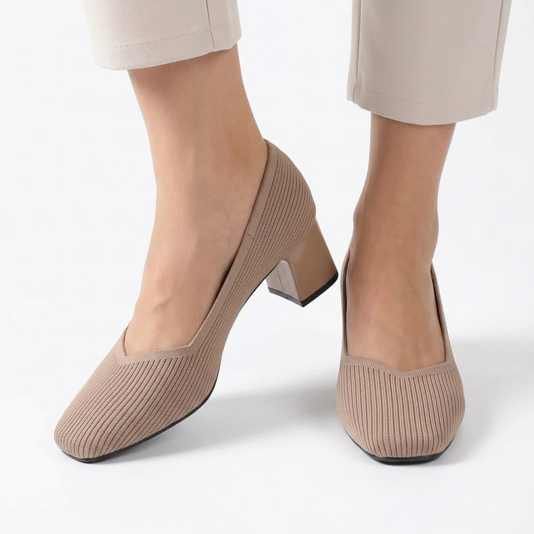 Taupe Ribbed Knit Block Heel Pumps Square Toe Comfort Insole Size 41