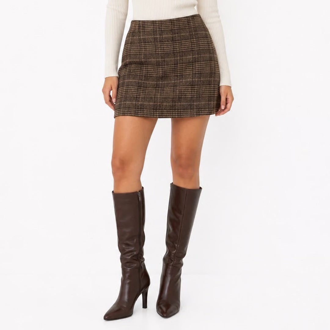 Cider Brown Plaid Wool Blend Mini Skirt L Glen Check A-Line