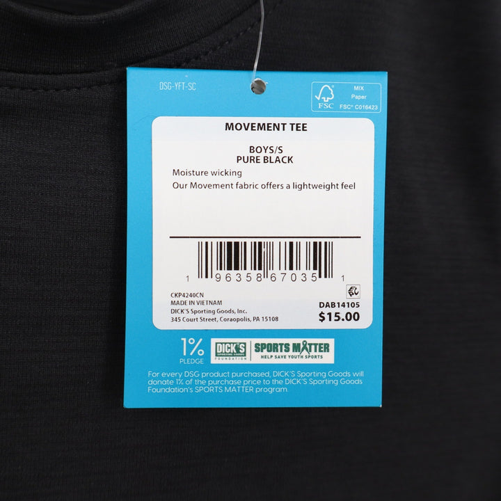 DSG Boys Movement Tee Pure Black Short Sleeve Athletic Shirt Size S 8-9 NEW