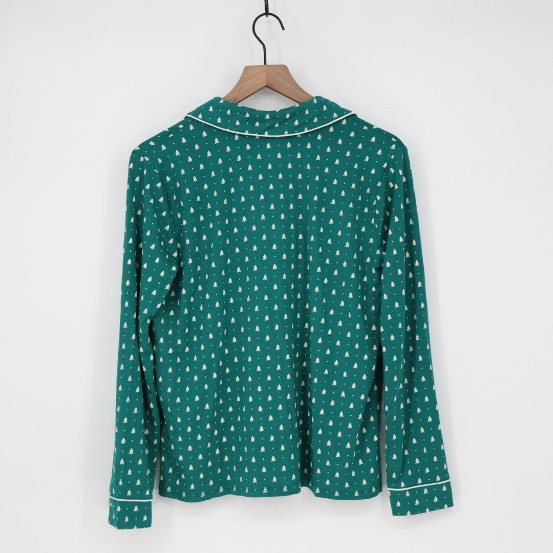 State Of Day Intimates Pajama Top Womens S Green Tree Print Stretch Notch Collar