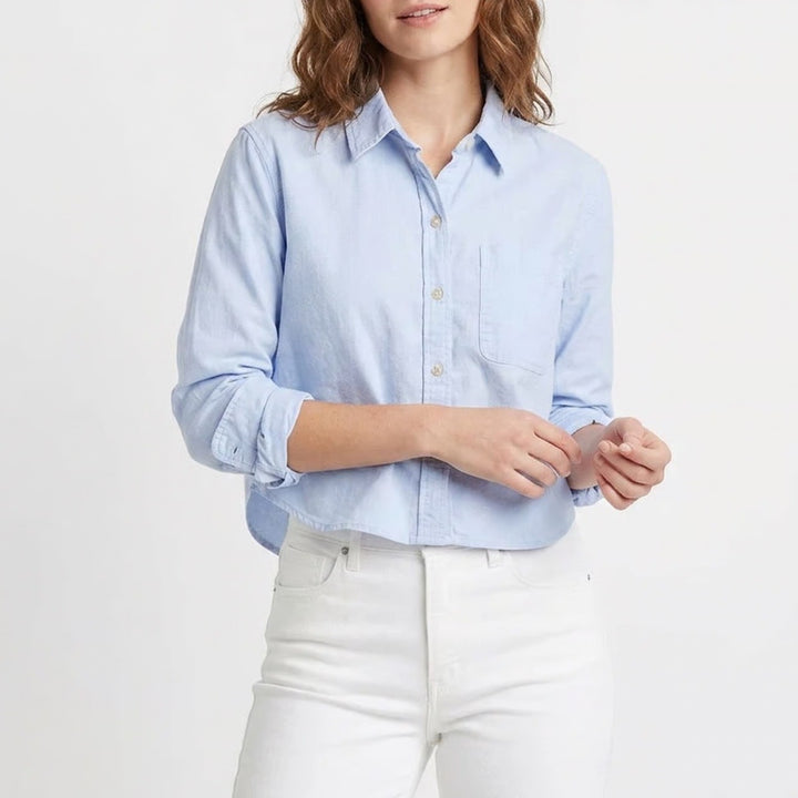 Universal Thread Womens Light Blue Cotton Linen Cropped Button Down Shirt L