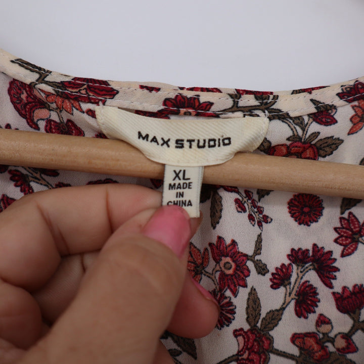 Max Studio Blouse Women's XL Cream Red Floral Ruffle Tie Waist Excellent