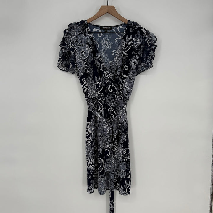 Glamour Women's Navy Blue White Paisley Print Wrap Dress Ruffle Sleeve Size 8