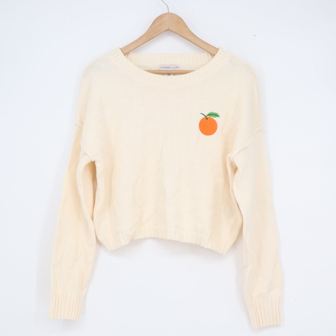 Sincerely Jules Cream Embroidered Orange Fruit Knit Cropped Sweater Womens M
