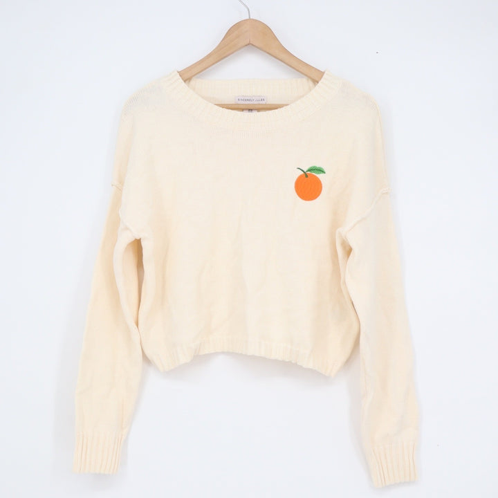Sincerely Jules Cream Embroidered Orange Fruit Knit Cropped Sweater Womens M
