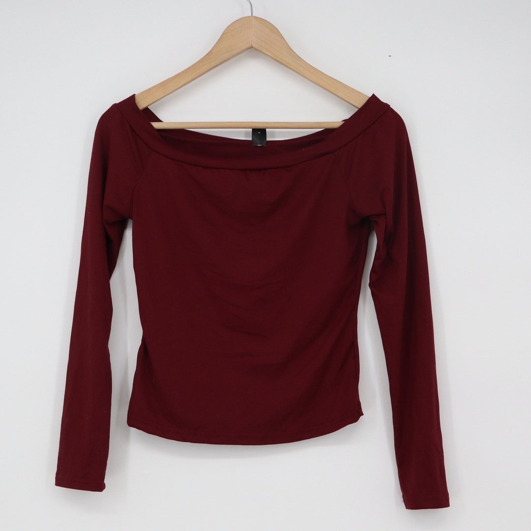 SHEIN Burgundy Off the Shoulder Long Sleeve Top Slim Fit Knit Wine Red Medium
