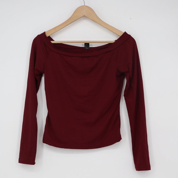 SHEIN Burgundy Off the Shoulder Long Sleeve Top Slim Fit Knit Wine Red Medium