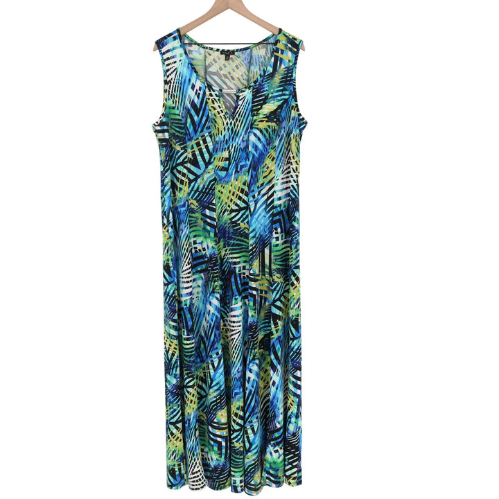 Sami & Jo Dress Womens 2X Maxi Geometric Palm Blue Green Sleeveless Excellent